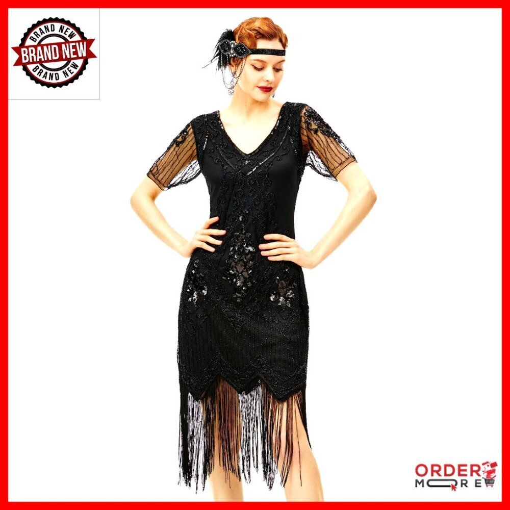 Art Deco Fringed Sequin Flapper Dress Midi Bodycon V Neck